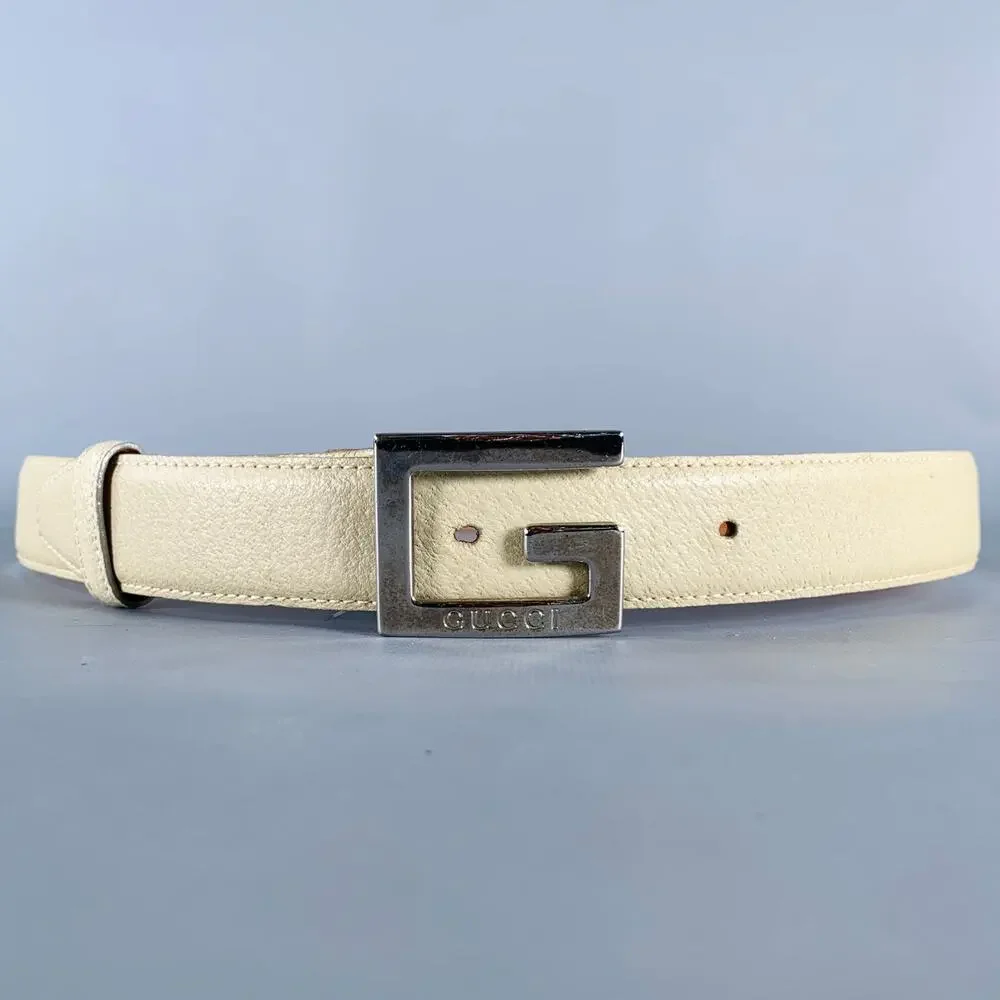 GUCCI Size 36 Beige Silver Leather Belt